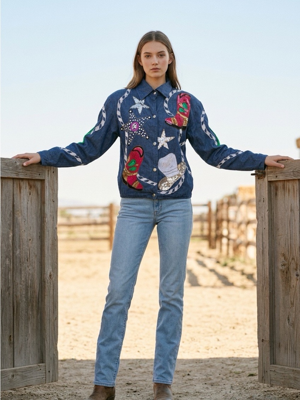 Felicity by Harrison Morgan Sequine Rodeo Denim Jacket